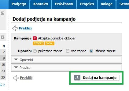 Dodamo kontakte na kamapanjo