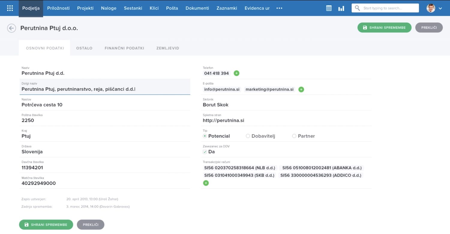 intrixkartica stranke v uporabniškem vmesniku