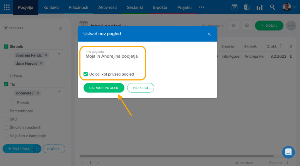 ustvari pogled ustvari filter intrix seznam