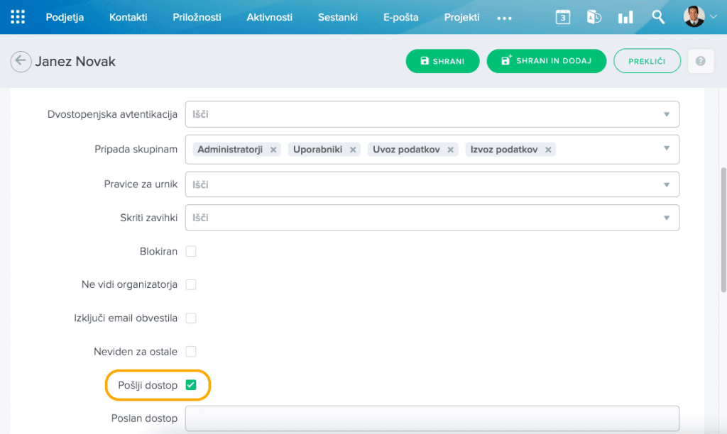 pošiljanje intrix dostopa pošiljanje dostopnih podatkov za intrix