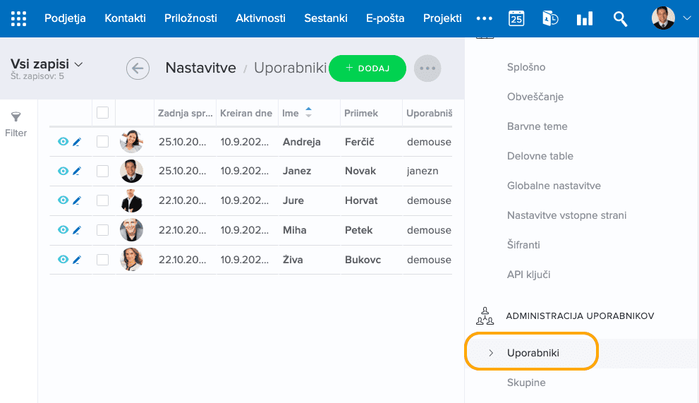 uporabniki nastavitve intrix