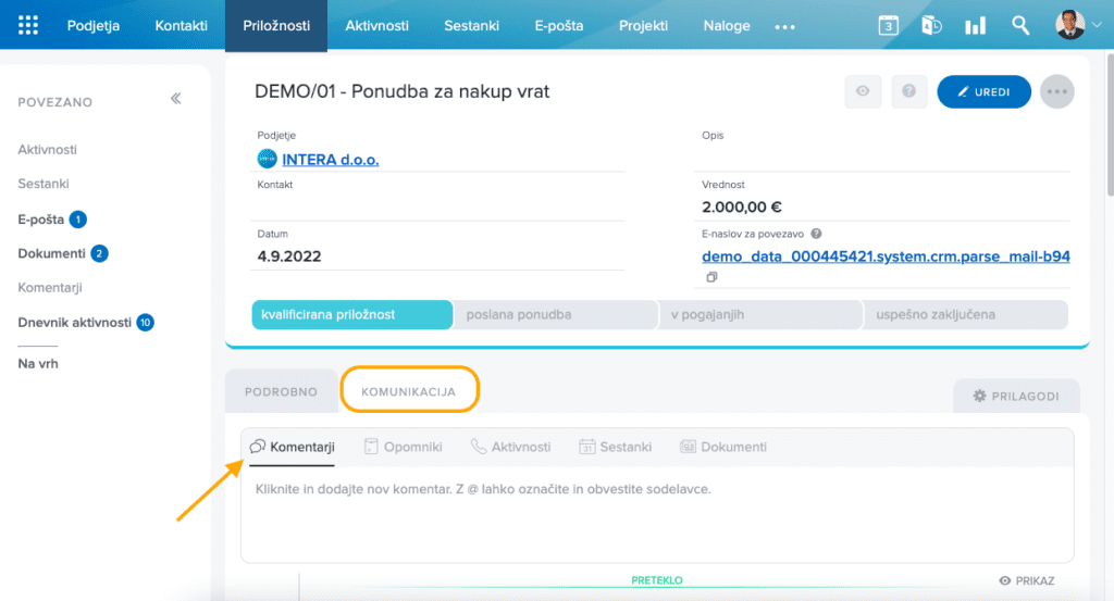 komunikacija z ekipo preko komentarjev intrix