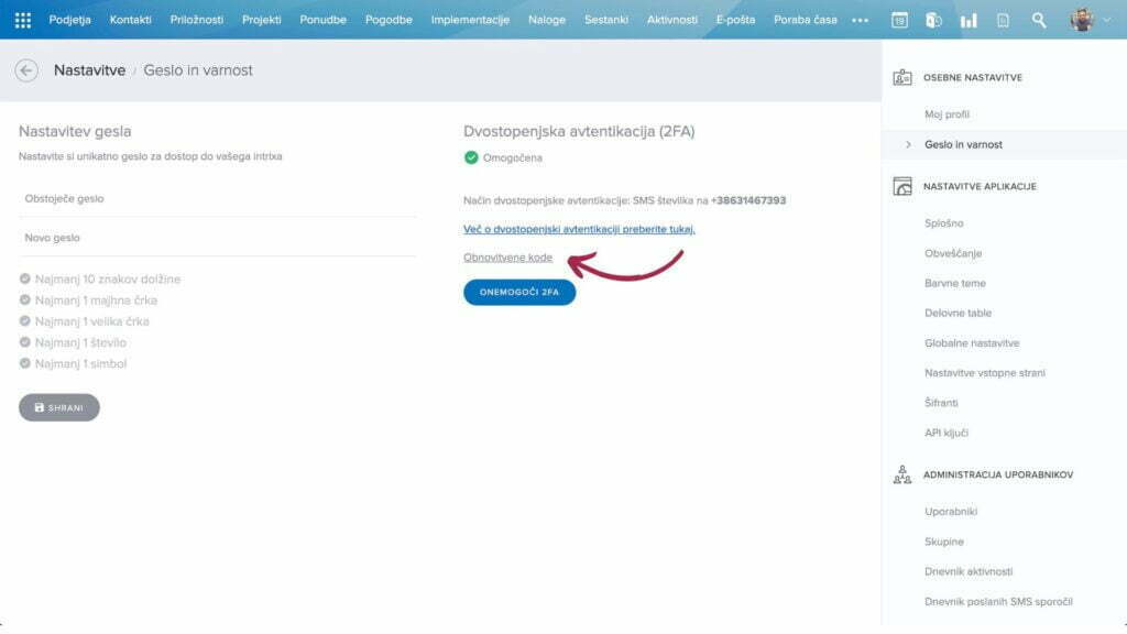 2FA obnovitvene kode