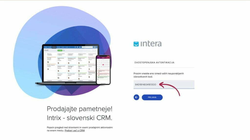 2FA vnos obnovitvene kode