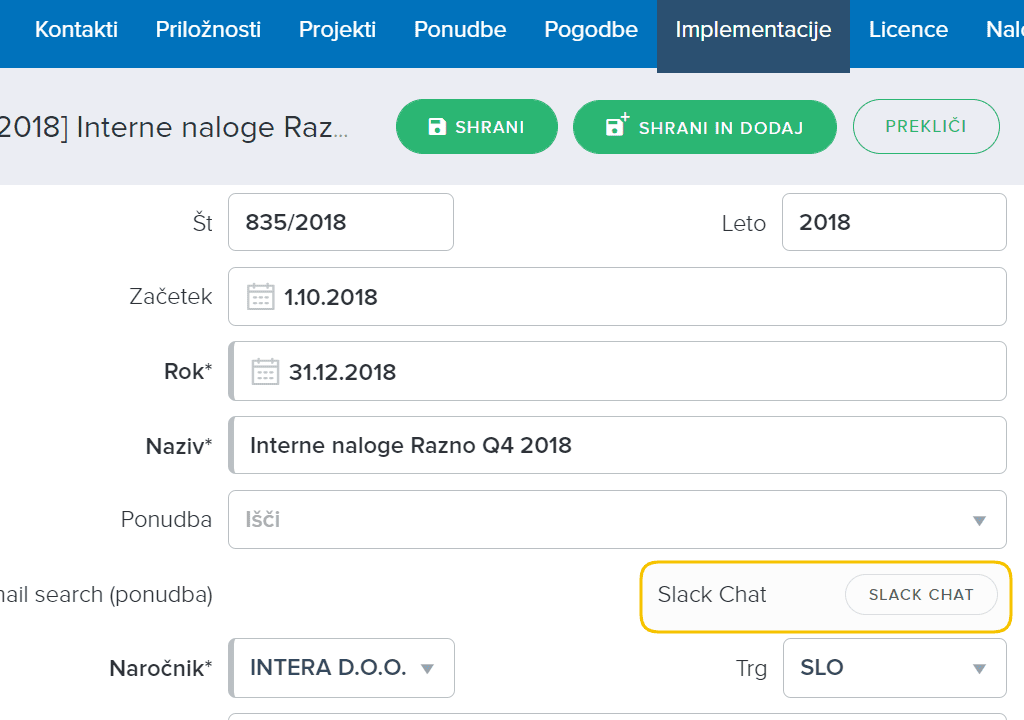slack chat integracija intrix povezava