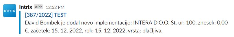 obvestilo v slacku intrix slack integracija