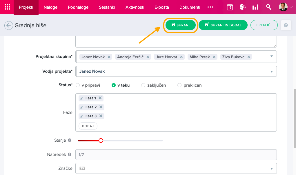 Shranjevanje faz projekta