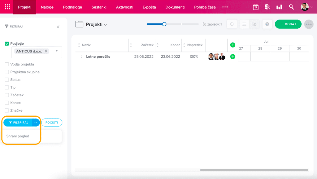 Shranjevanje pogleda na gantogramu