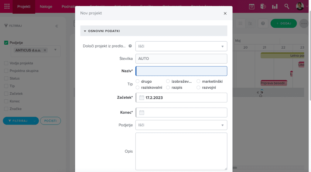 Osnovni podatki o novem projektu