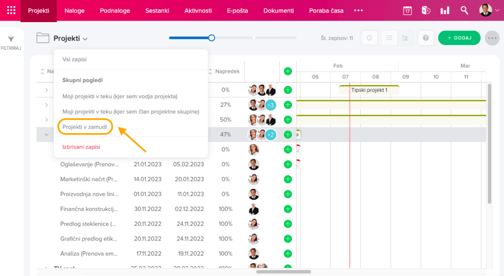 Pogled Projekti v zamudi