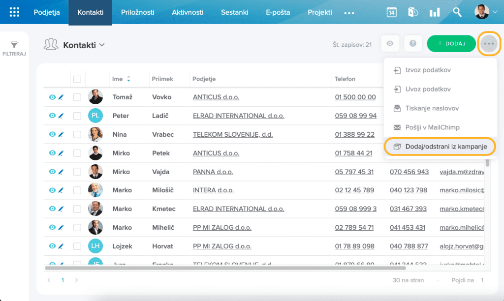 Dodaj/odstrani iz kampanje
