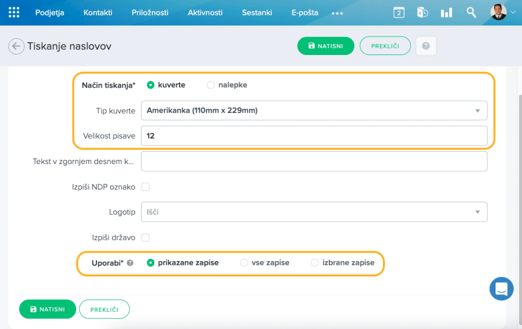 Nastavitve za tisk naslovov na kuverte