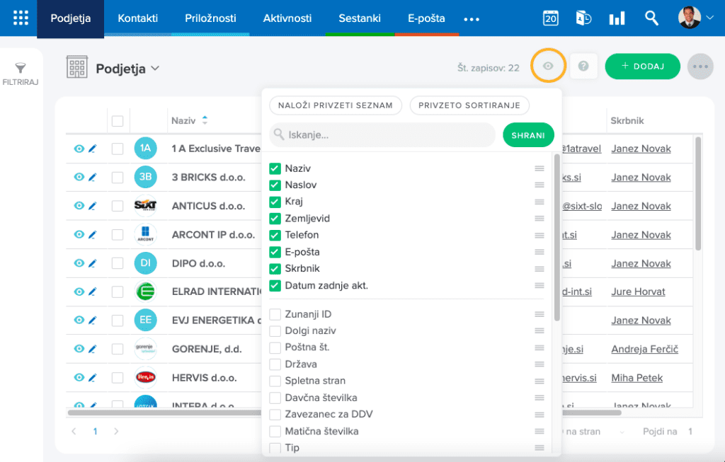 Prilagajanje stolpcev seznama 1