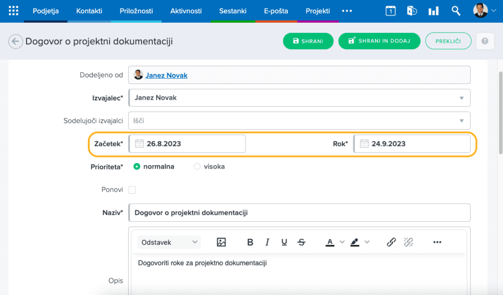 Začetek in rok naloge
