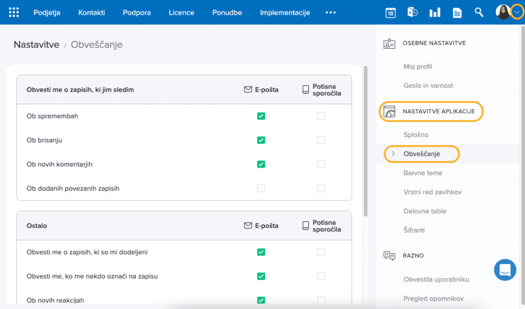 Nastavitve obveščanja