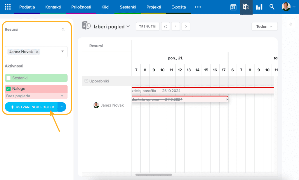 Filtriranje podatkov na planerju