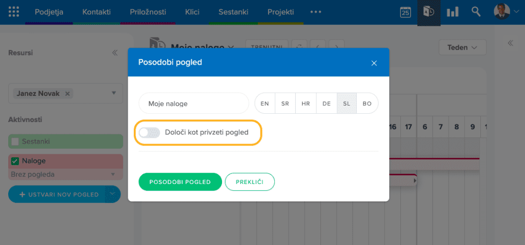 Privzeti pogled na planerju