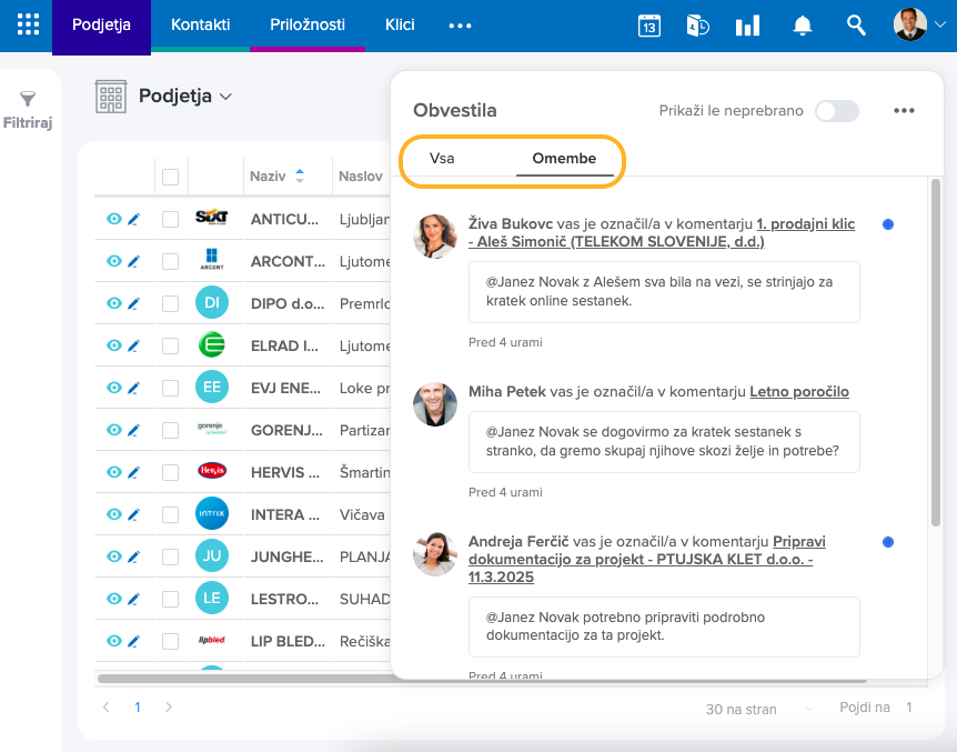 Vsa obvestila in omembe