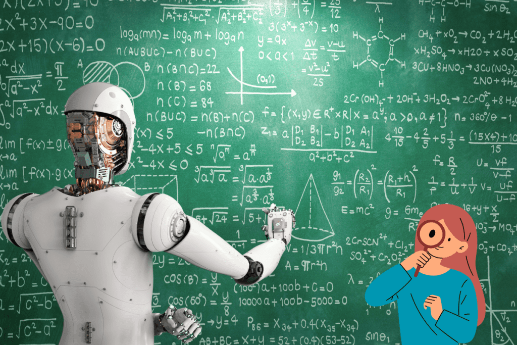 ai-orodja-za-ucenje-in-razvoj Robot obkrožen z matematičnimi formulami na tabli kot simbol umetne inteligence pri učenju in razvoju.