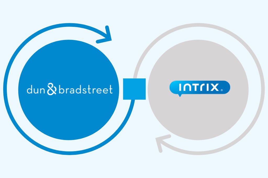 intrix-db-integracija Integracija med Dun & Bradstreet in Intrix CRM, prikazana z logotipoma in povezovalnima puščicama.
