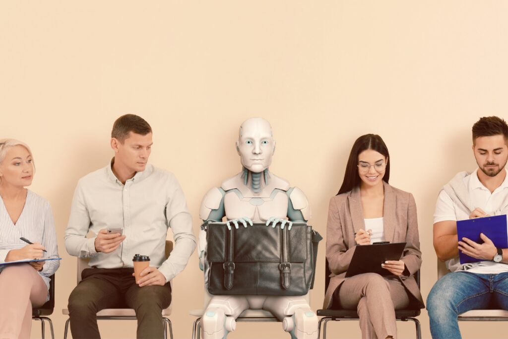 Ljudje in robot sedijo drug ob drugem v čakalnici in uporabljajo delovne pripomočke.