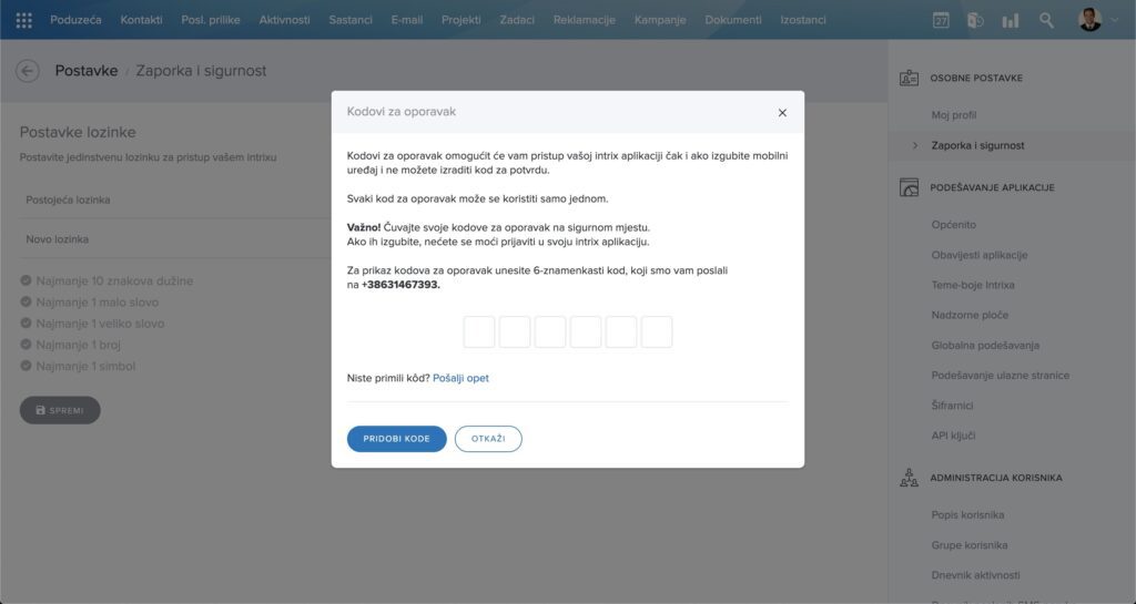 2FA-kodovi za oporavak-unos