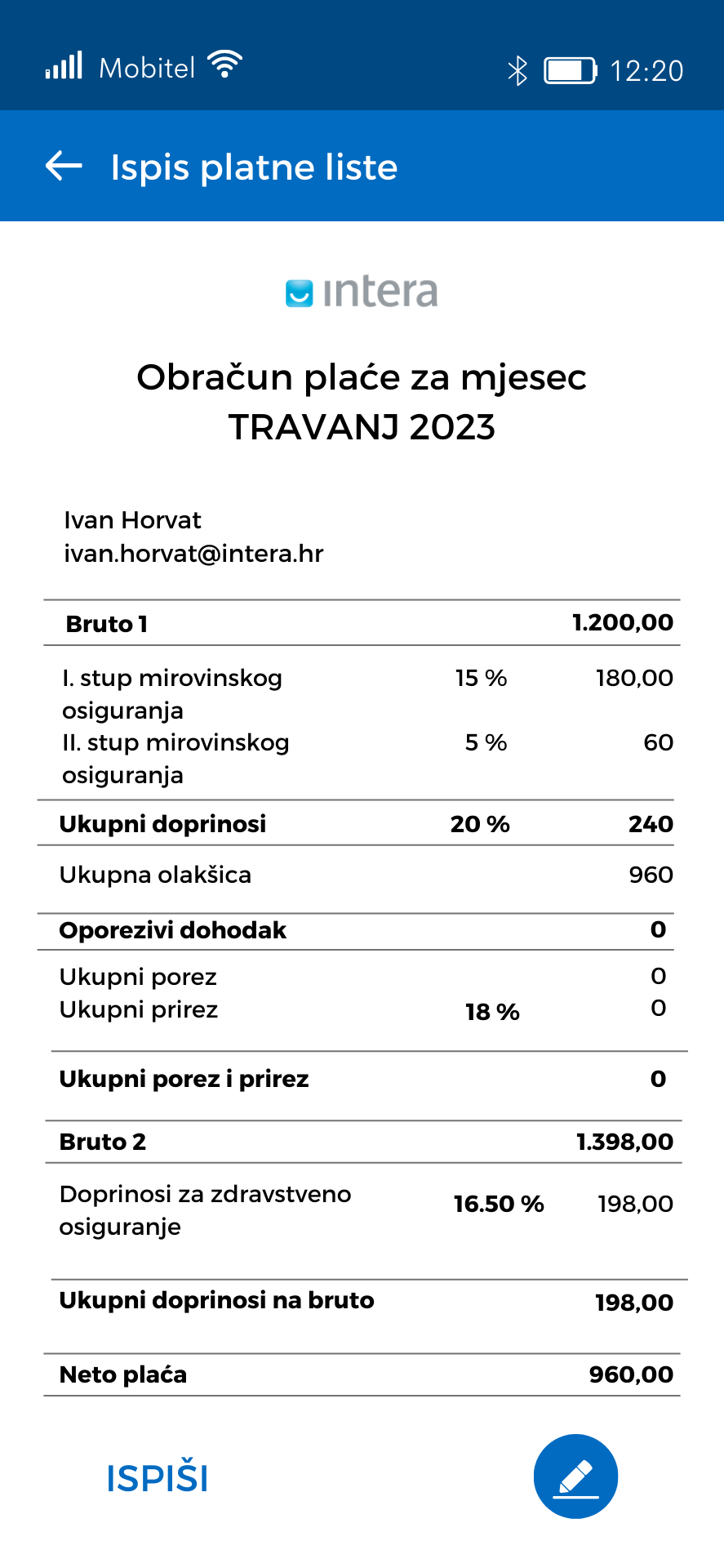 Pregled obračuna plaće na Intrix HRM mobilnom aplikaciji
