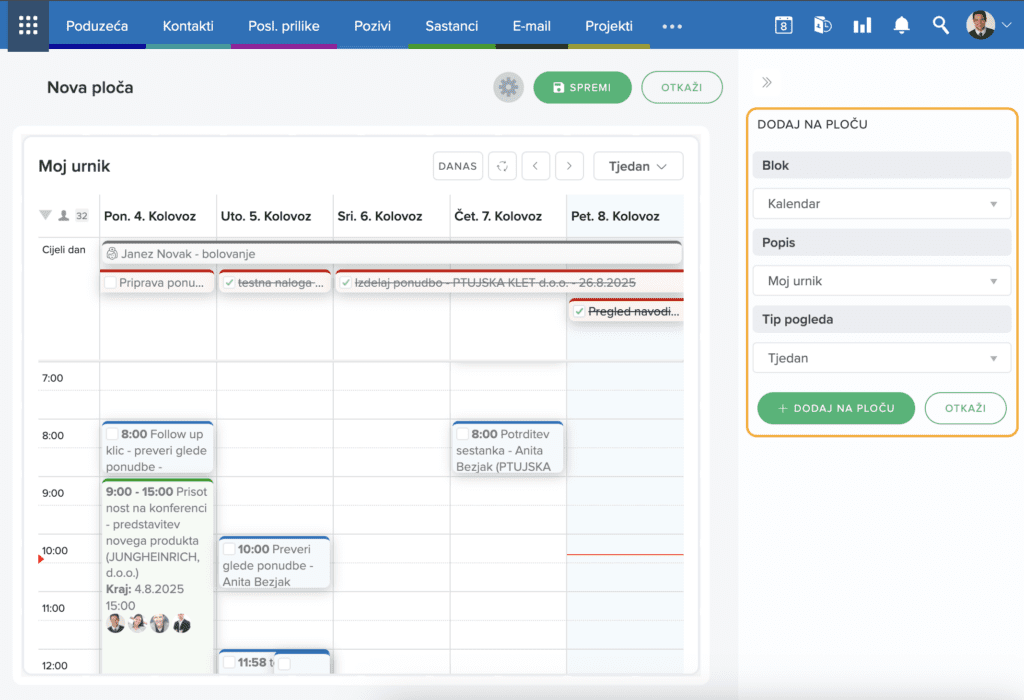 Prikaz Intrix kalendara na radnoj ploči